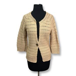 Gap Wool Angora Blend Beige Crochet Knit Cardigan 3/4 Sleeve Womens‎ Medium